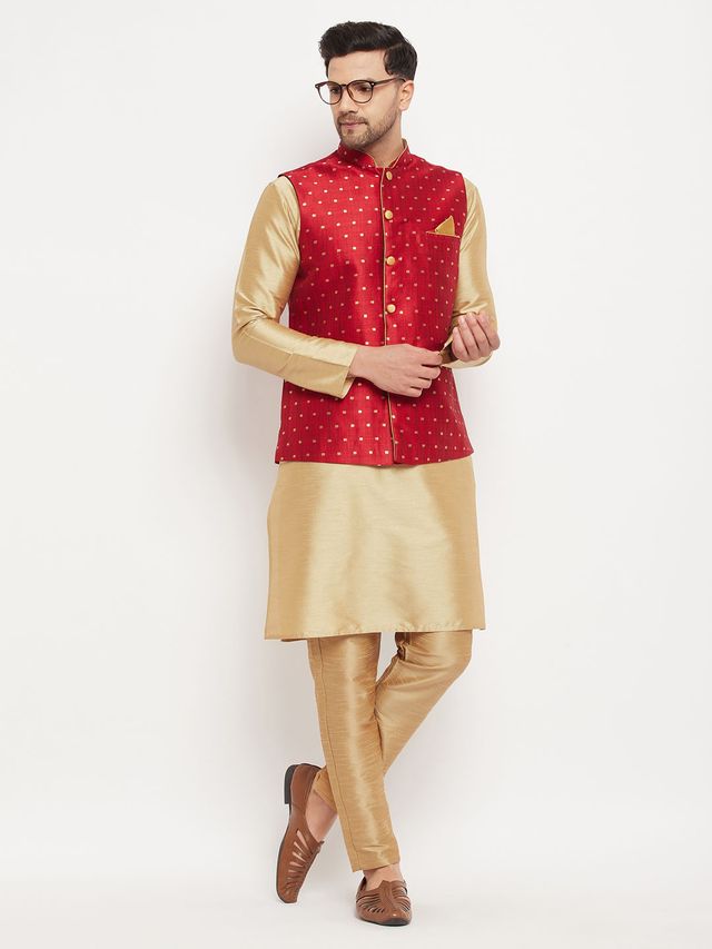 Men's Gold Silk Blend Straight Jacket Kurta and Dhoti Set