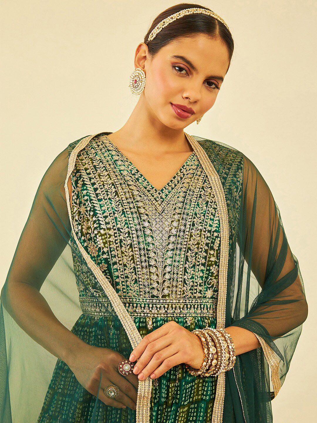 Dhiyona SO Women's Green Bandhani Printed Thread Work Georgette Anarkali Kurta & Churidar With dupatta