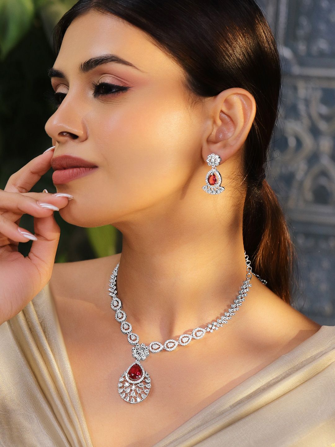 Dhiyona RJ Women's Rhodium-Plated Ruby Red AD & Cubic Zirconia Studded Necklace Set