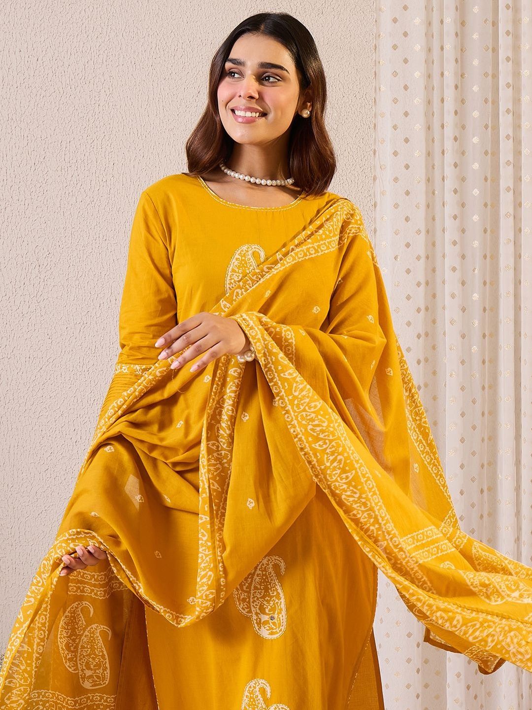 Paisley Printed Thread Work Pure Cotton Straight Kurta & Trousers With Dupatta