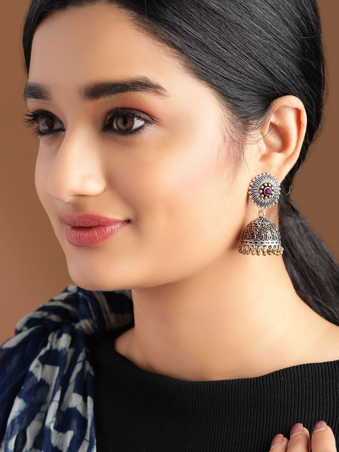 Dhiyona RJ Women's Silver-Plated & Gold-Toned Handcrafted Oxidised Dome Shaped Jhumkas