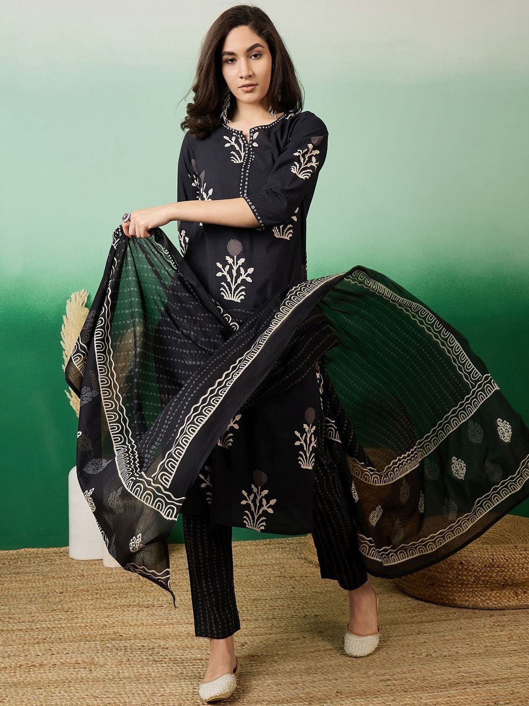 Dhiyona SN Women's Notch Neck Printed Pure Cotton Kurta With Trousers & Dupatta