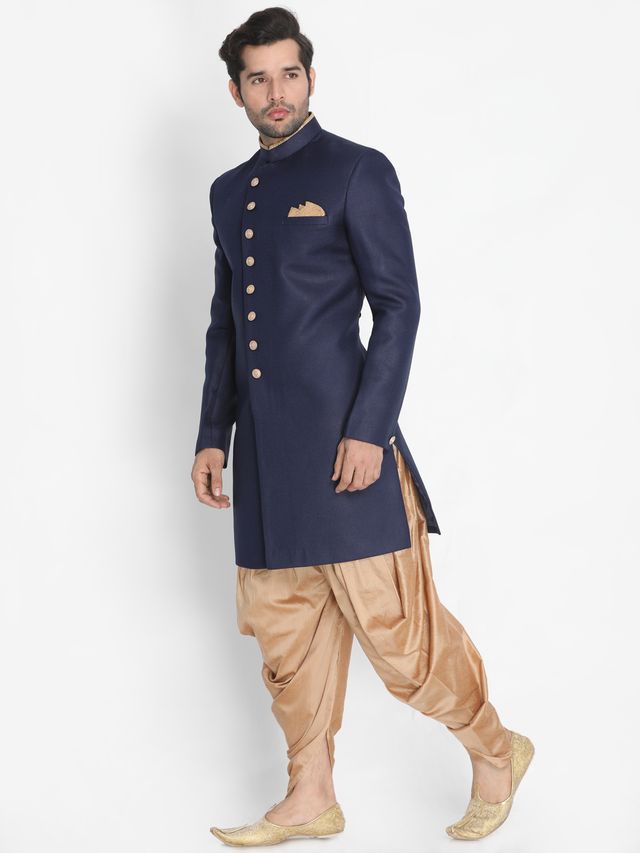 Men's Dark Blue Polyester Lurex Blend Straight Sherwani Set