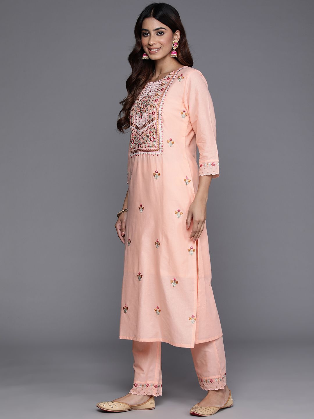 Dhiyona VA Women'sFloral Embroidered Sequinned Pure Cotton Kurta with Trousers & Dupatta