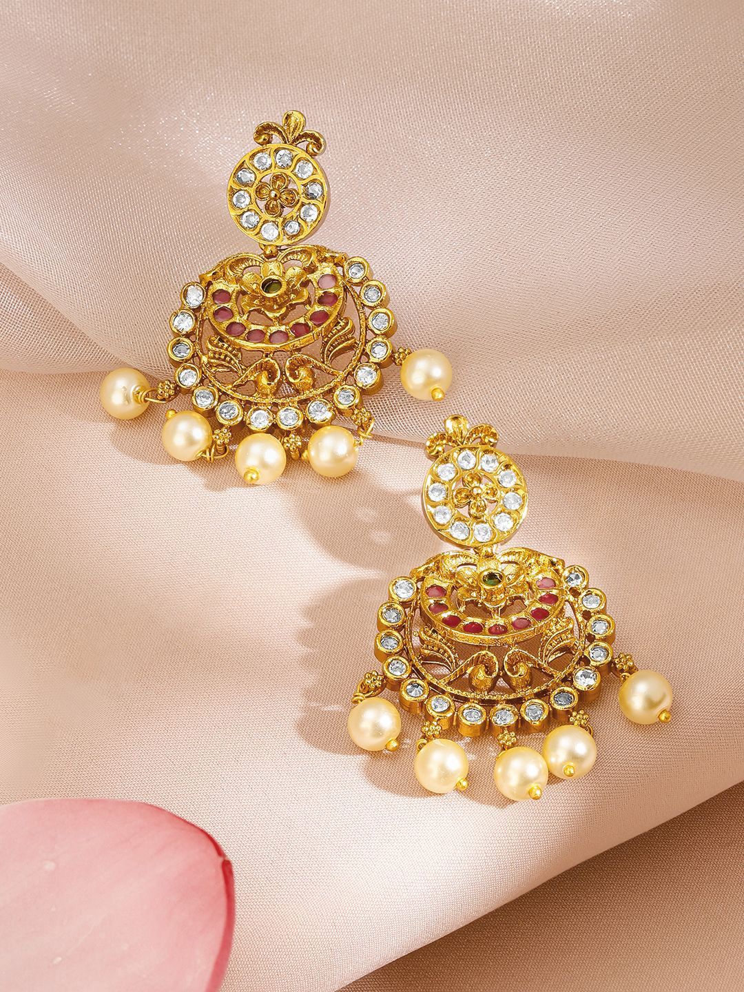 Dhiyona RJ Women's 22K Gold-Plated Ruby & White Zirconia Studded Pearl Beaded Temple Jewellery Set