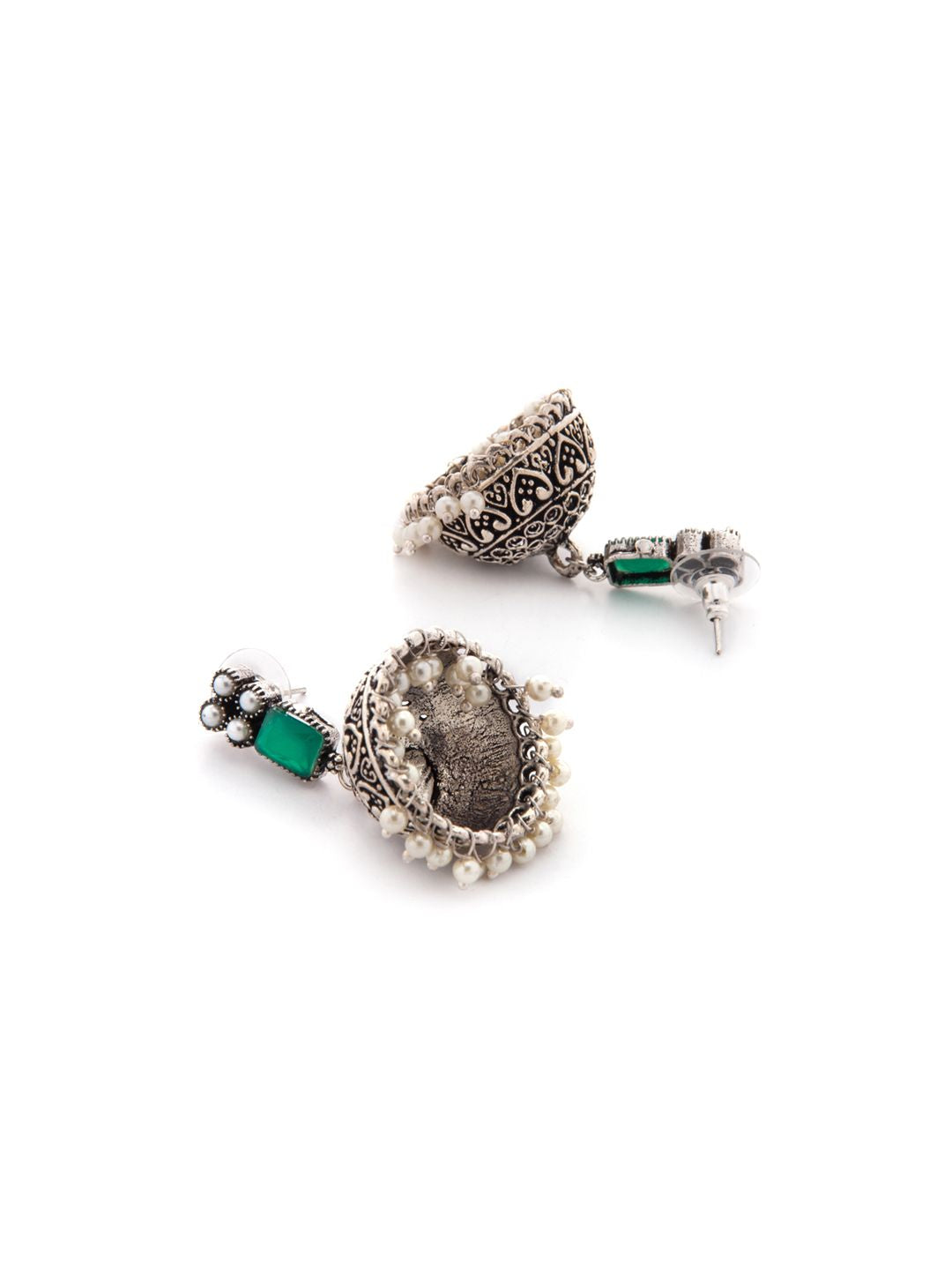 Dhiyona RJ Women's Silver-Toned & Green Dome Shaped Handcrafted Jhumkas