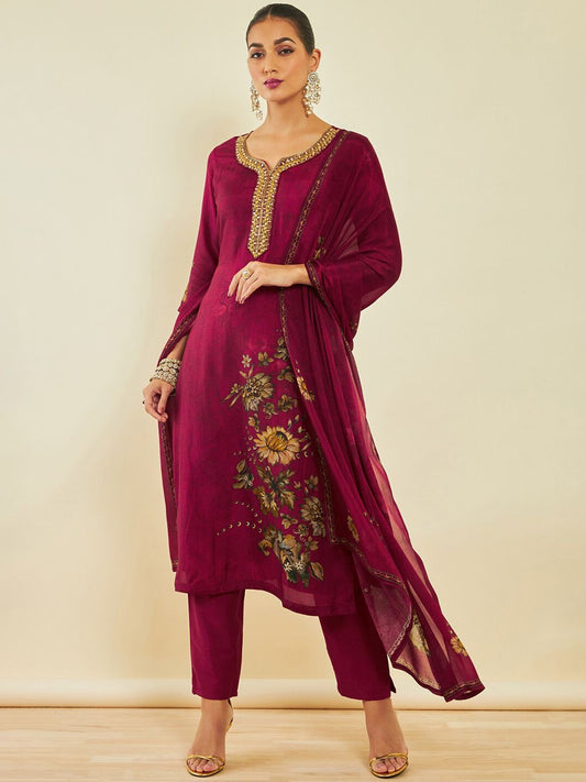 Dhiyona SO Women's Maroon Floral Printed Beads and Stones Kurta With Trousers & Dupatta