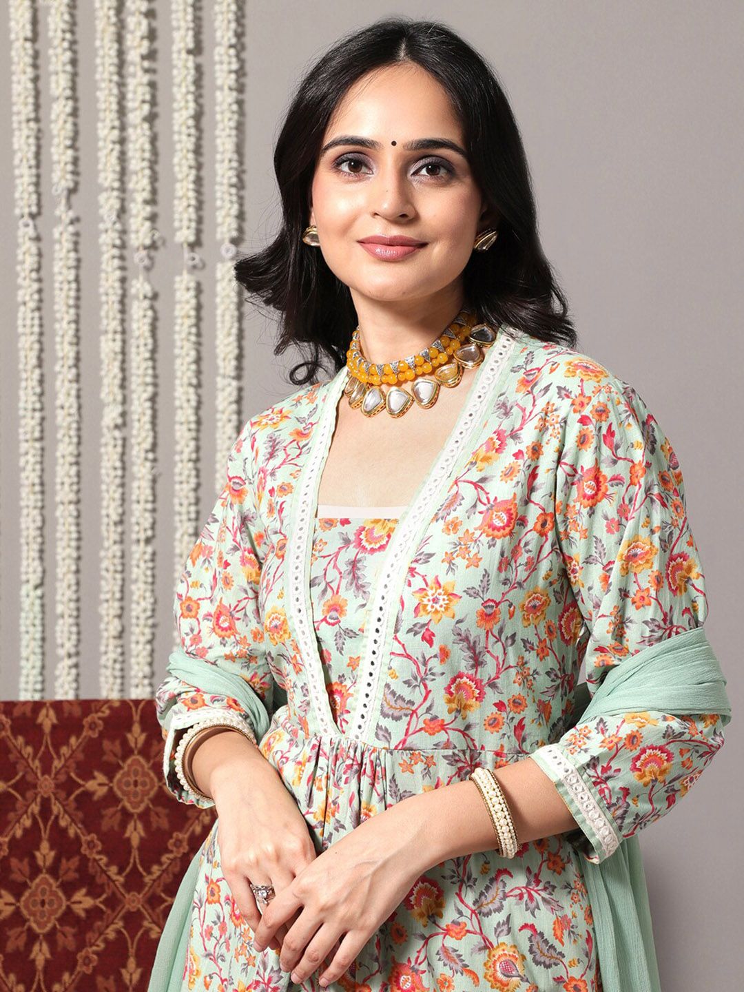 Dhiyona VA Women'sFloral Printed Empire Mirror Work Kurta With Trousers & Dupatta