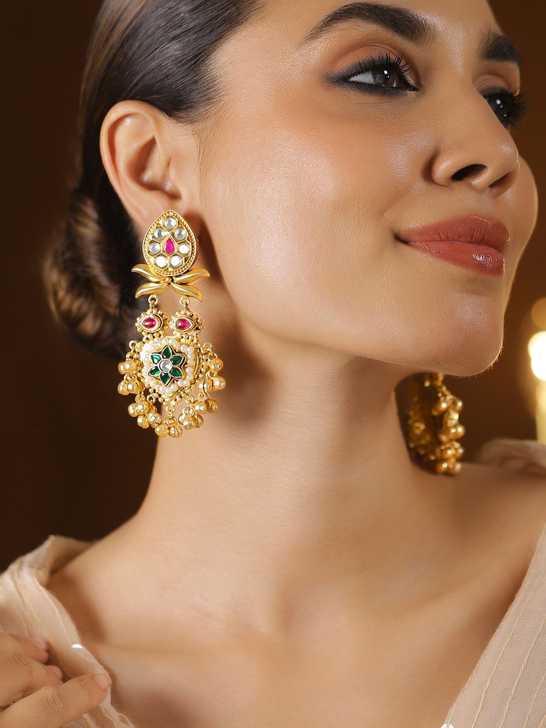Dhiyona RJ Women's 22K Gold-Plated Kundan Studded & Beaded Contemporary Drop Earrings