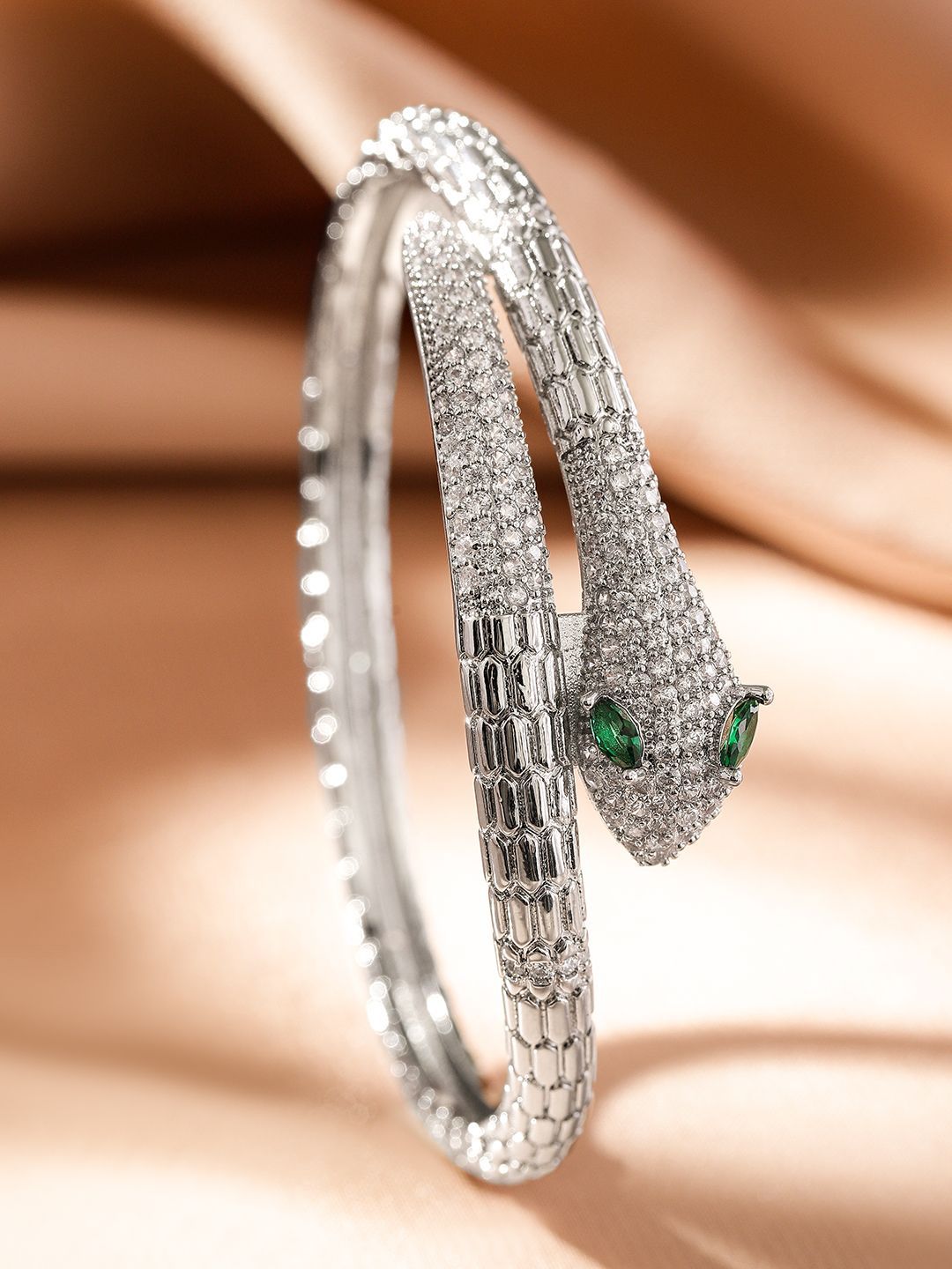 Dhiyona RJ Women's Rhodium-Plated Cubic Zirconia Snake-Inspired Openable Bracelet with Emerald Accents