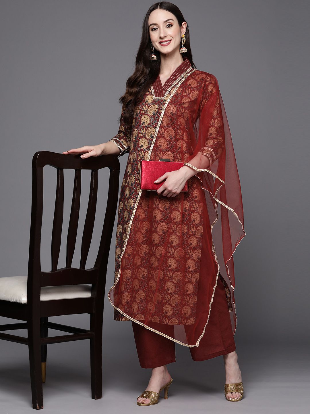 Women Maroon Floral Printed Sequinned Kurta with Palazzos & Dupatta