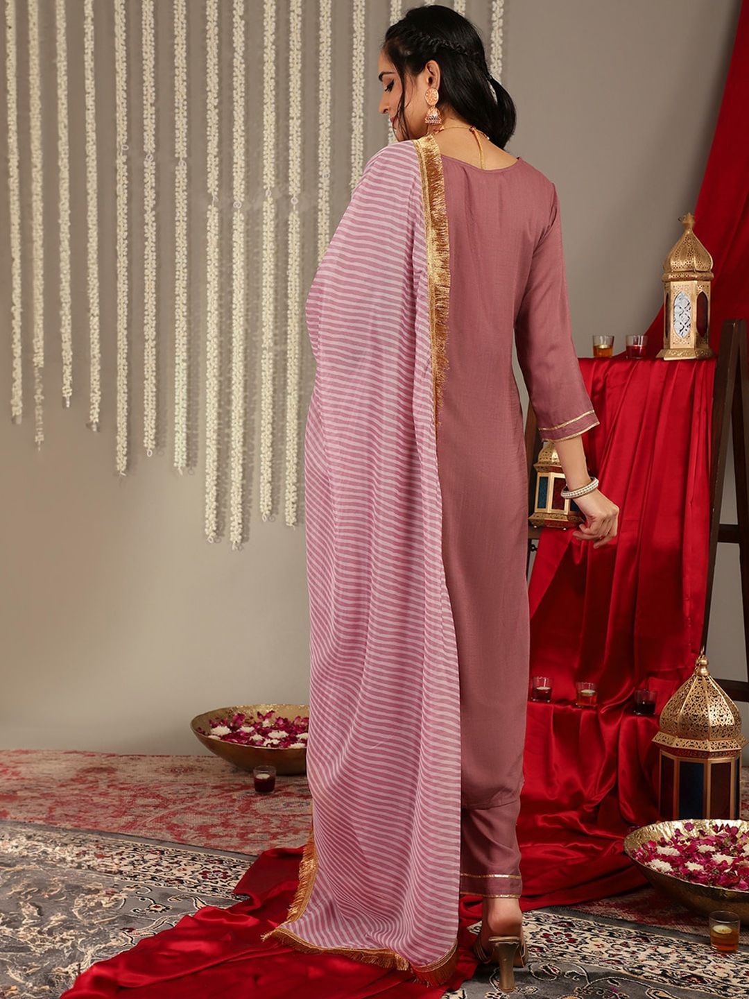 Dhiyona VA Women'sGotta Patti Detail Straight Kurta & Trousers With Dupatta