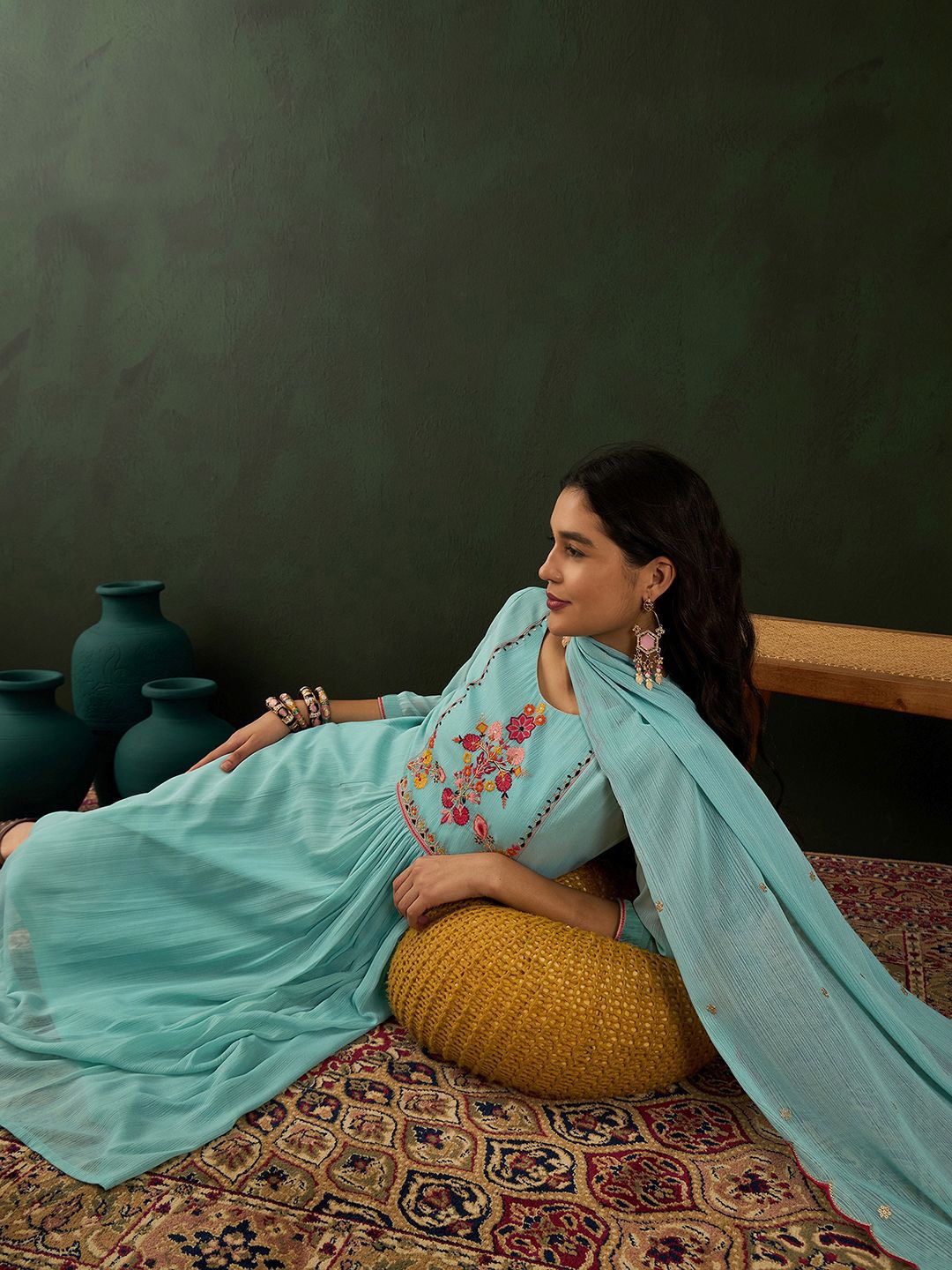 Dhiyona SN Women's Blue Floral Embroidered Zari Sequince Anarkali Kurta With Trousers And Dupatta