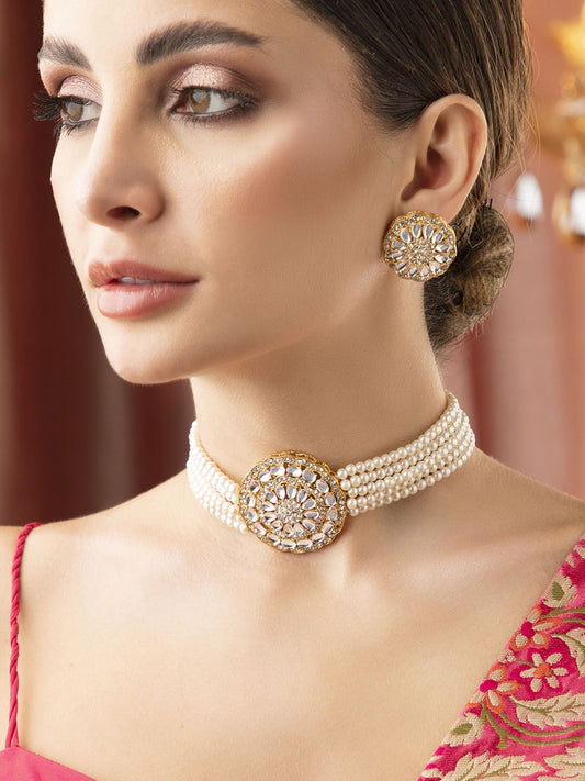 Dhiyona RJ Women's 22K Gold-Plated White Kundan-Studded Choker Set with Multi-Strand Pearl Beads