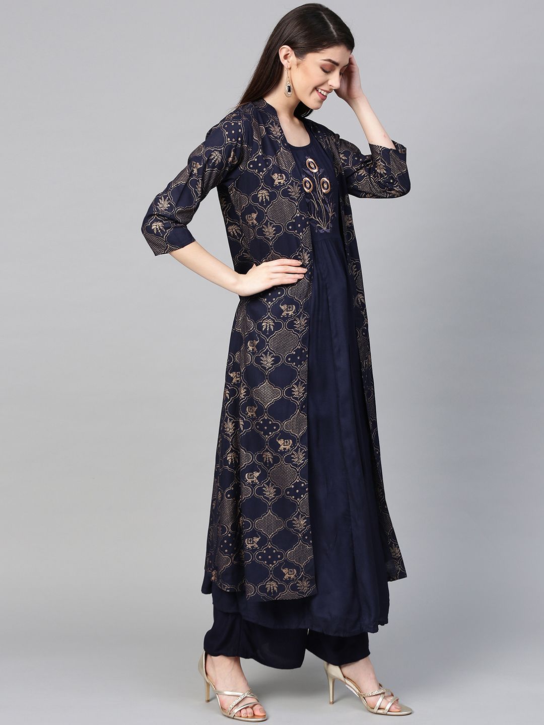Dhiyona IS Women's Women Navy Blue Printed Kurta with Palazzos