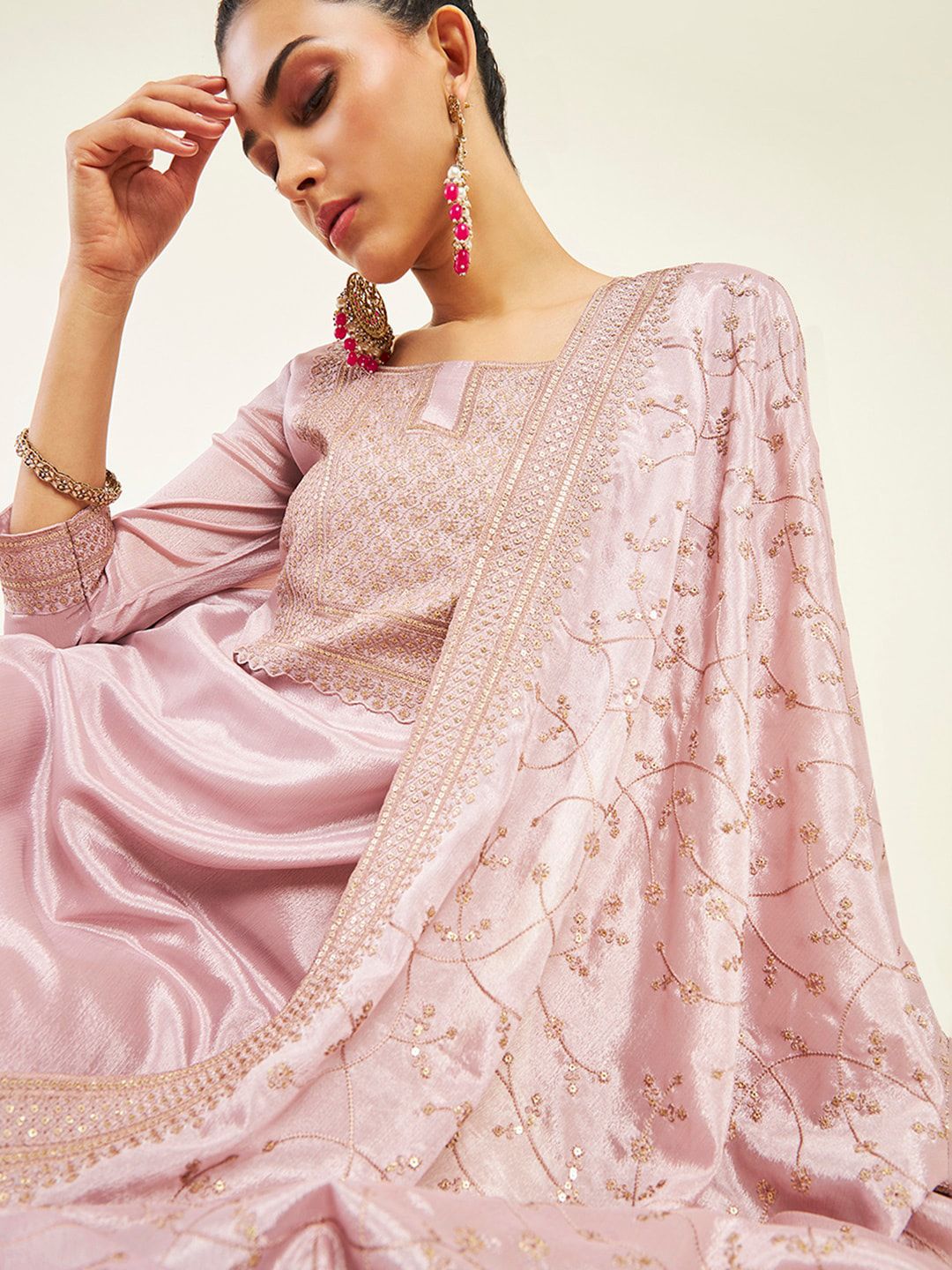 Dhiyona SO Women's Ethnic Motif Embroidered Sequinned Pure Wool Kurta with Palazzos & Dupatta