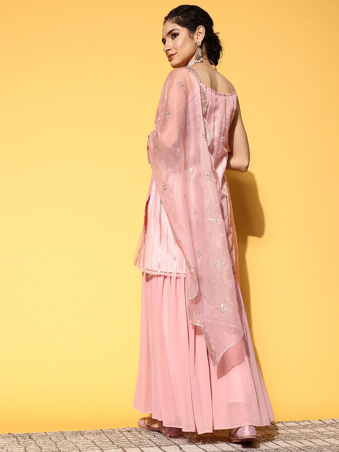 Dhiyona VA Women's Peach-Coloured Striped Kurta with Sharara & Dupatta