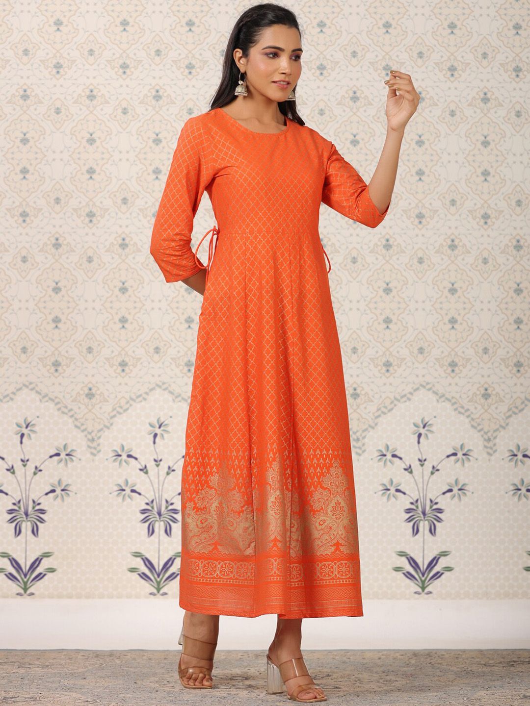 Dhiyona OD Orange Coloured Ethnic Motifs Woven Design Anarkali Kurta