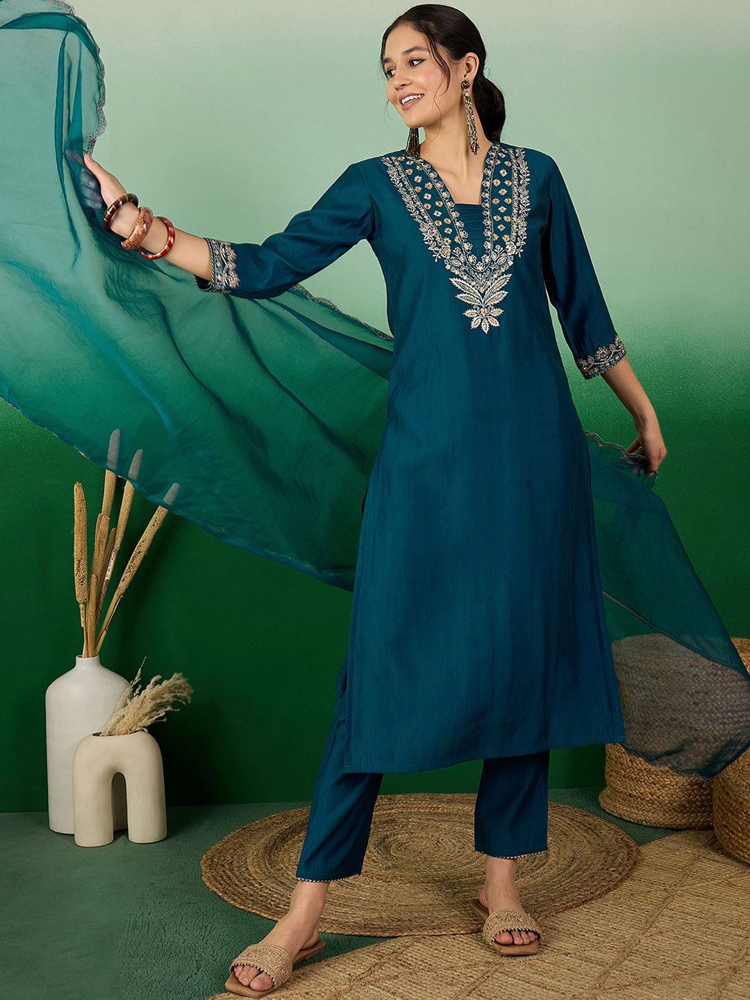 Dhiyona SN Women's Teal Green Floral Embroidered V-Neck Straight Kurta With Trouser & Dupatta