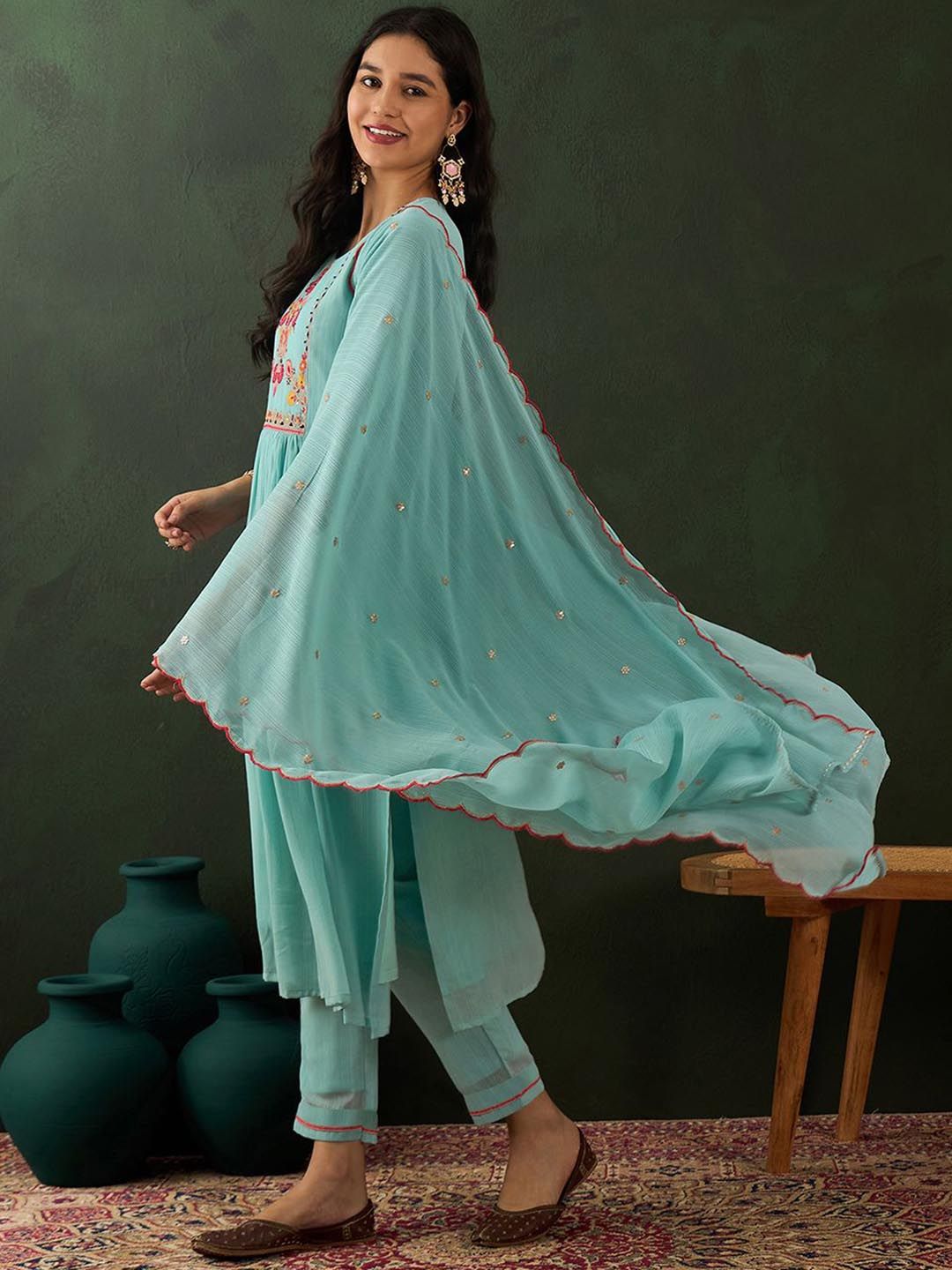 Dhiyona SN Women's Blue Floral Embroidered Zari Sequince Anarkali Kurta With Trousers And Dupatta