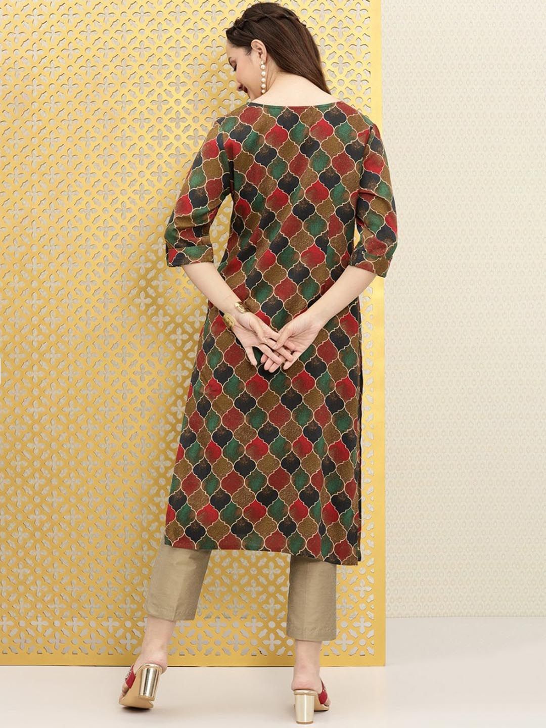 Dhiyona OD Ethnic Motifs Printed Boat Neck Mirror Work Detailed Kurta