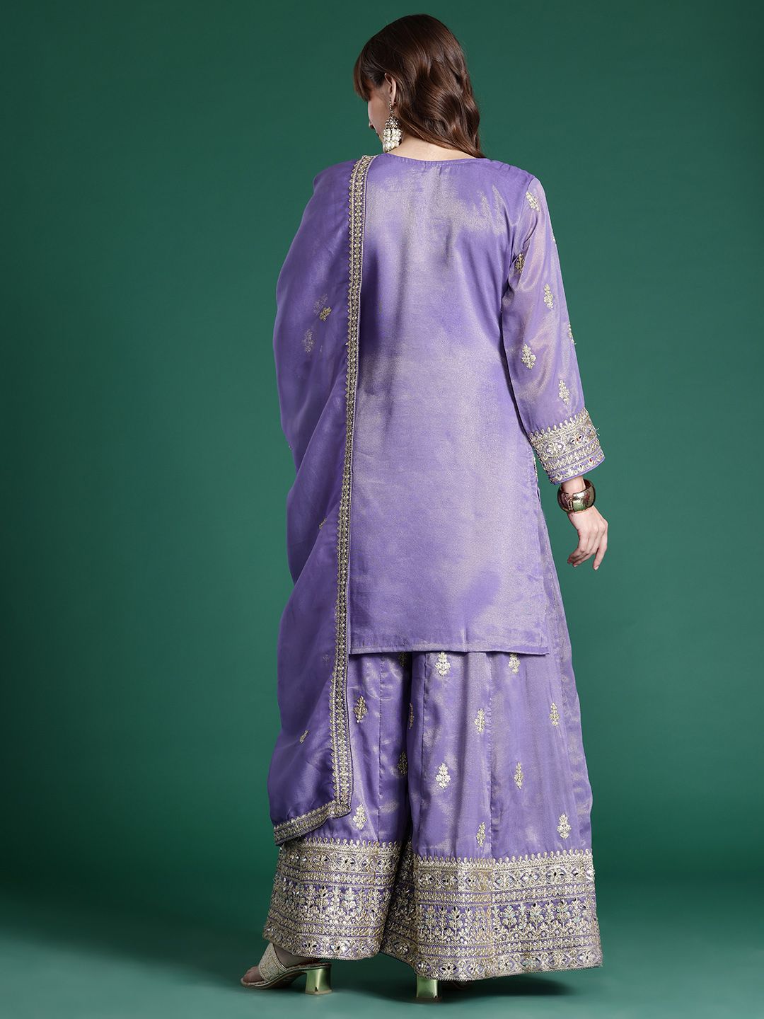 Ethnic Motifs Embroidered Sequinned Kurta With Palazzos & Dupatta