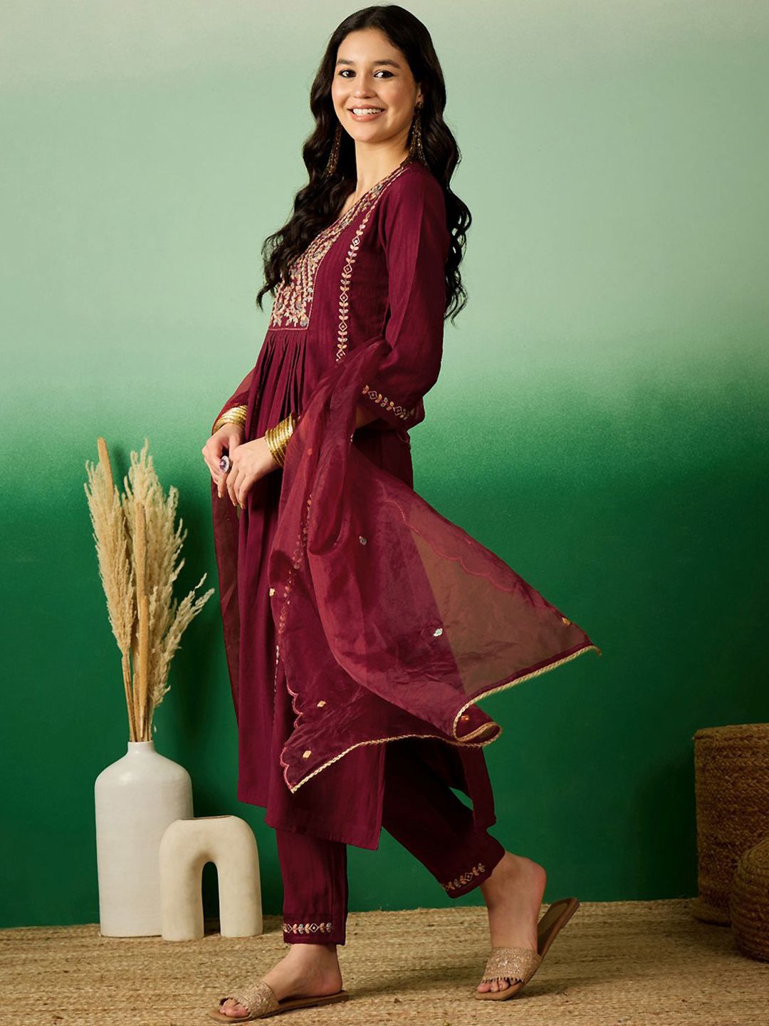 Dhiyona SN Women's Maroon Floral Embroidered V-Neck Sequinned A-Line Kurta With Pant & Dupatta
