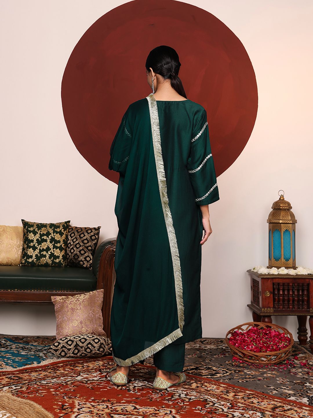 Dhiyona VA Women's Green Yoke Design Mirror Work Kurta with Trousers & Dupatta