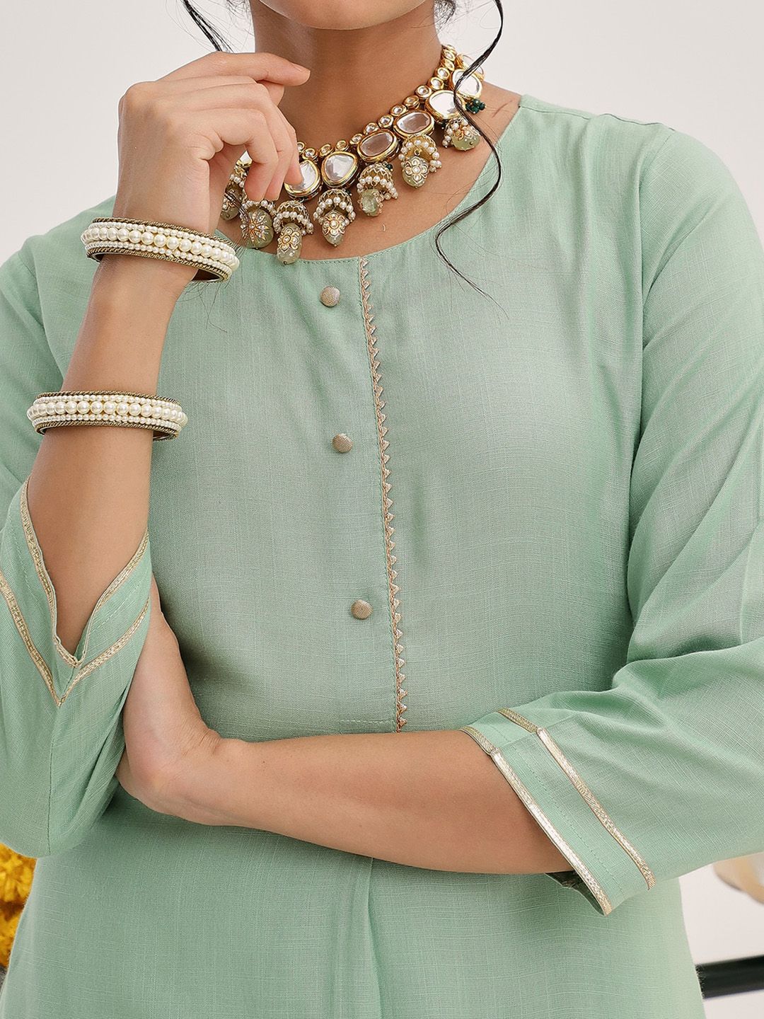 Dhiyona VA Women'sGreen Gotta Patti Detail Straight Kurta & Palazzos With Dupatta