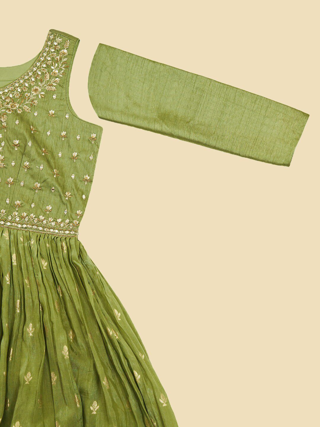 Dhiyona SO Women's Green Ethnic Motifs Embroidered Mirror Work Anarkali Kurta with Churidar & Dupatta