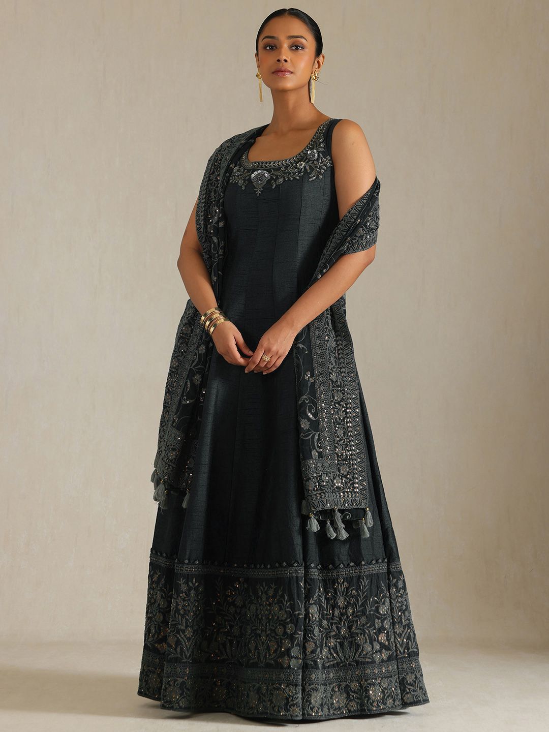 Dhiyona SO Women's Women Printed Beads and Stones Dupion Silk Kurta With Dupatta