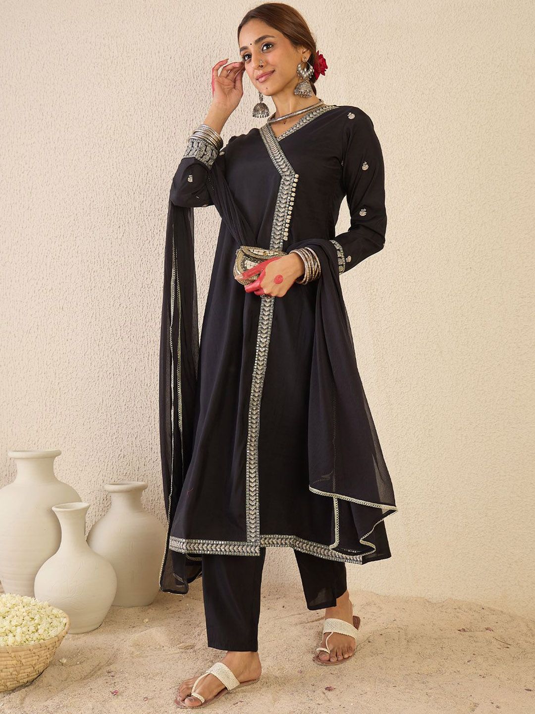 Dhiyona IE Ethnic Motifs Embroidered Angrakha Kurta With Trousers & Dupatta