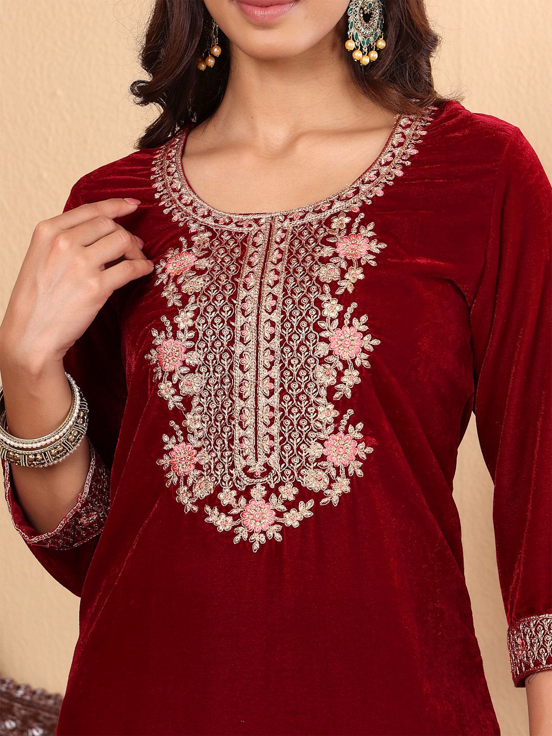 Dhiyona VA Women'sMaroon Floral Yoke Design Sequinned Velvet Straight Kurta with Trousers & Dupatta