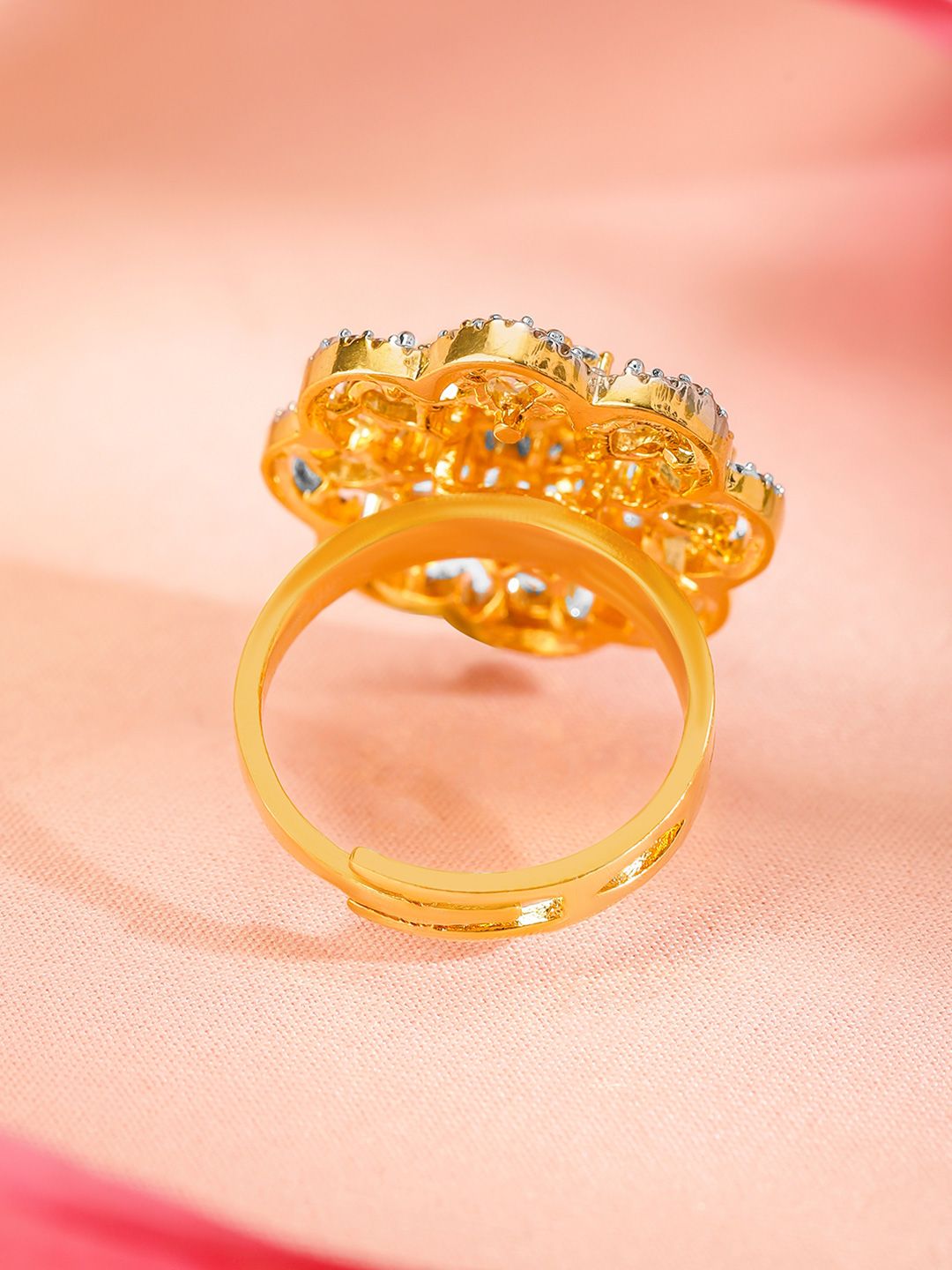 Dhiyona RJ Women's 22K Gold-Plated Floral Design Cubic Zirconia Studded Adjustable Finger Ring