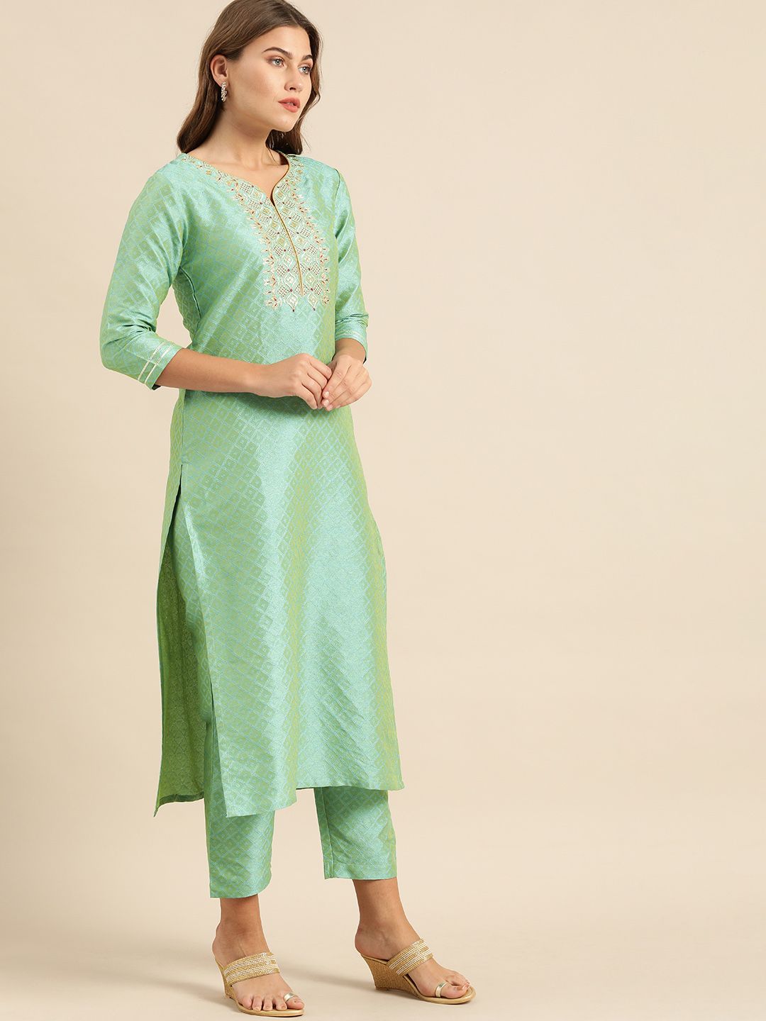 Dhiyona VA Women's Sea Green & Gold-Toned Embroidered Kurta with Trousers & Dupatta