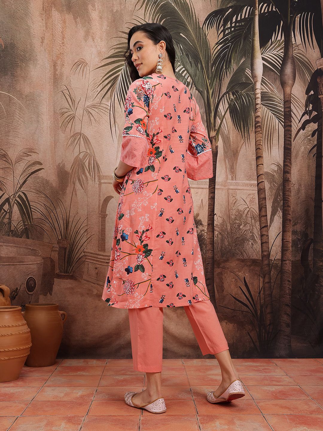 Dhiyona SN Women's Floral Print Schiffli Embroidered Lace Insert Detail Pure Cotton Kurta & Trousers