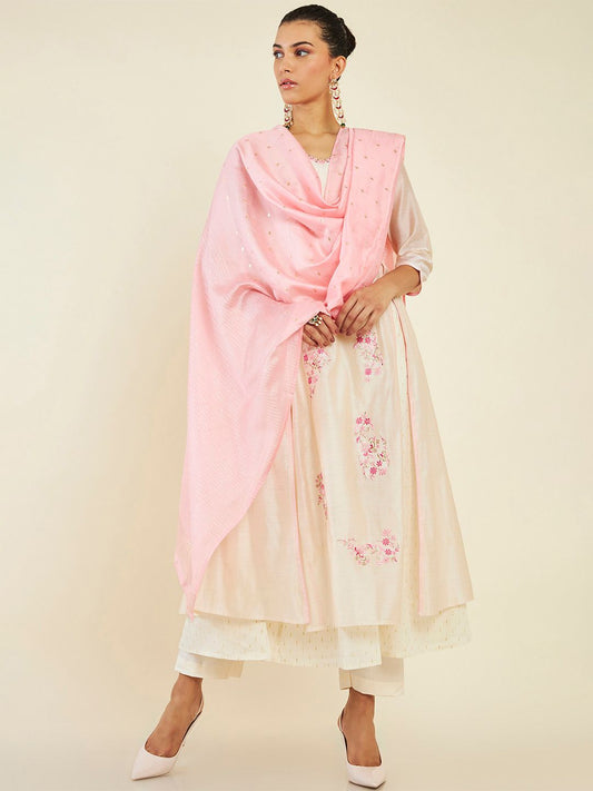 Dhiyona SO Women's Floral Embroidered A-Line Layered Pure Cotton Kurta with Trousers & Dupatta