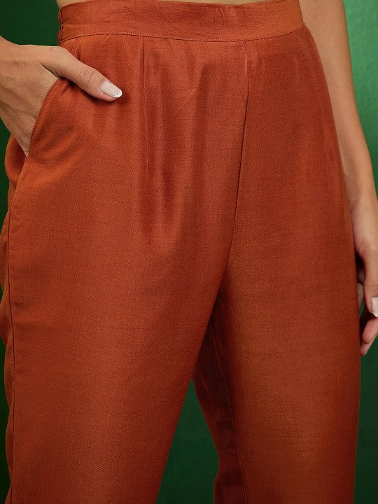 Women's Embroidered Boat-Neck Kurta With Trousers & Dupatta