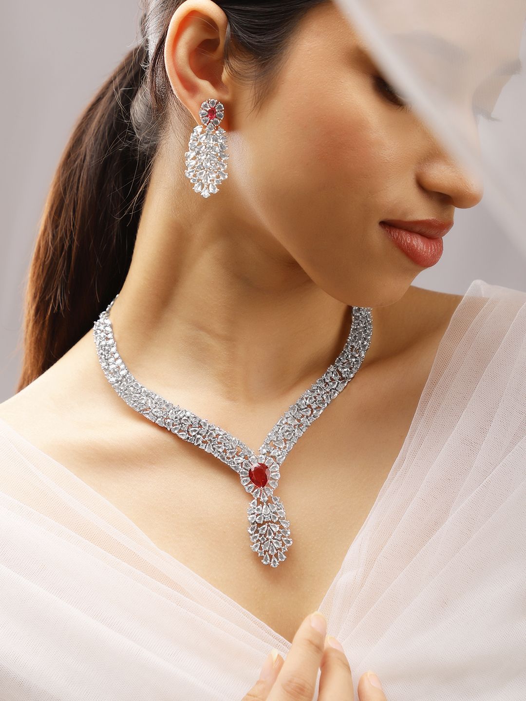 Dhiyona RJ Women's Rhodium-Plated Ruby Red & Cubic Zirconia Floral & Leaf-Inspired Luxe Jewellery Set