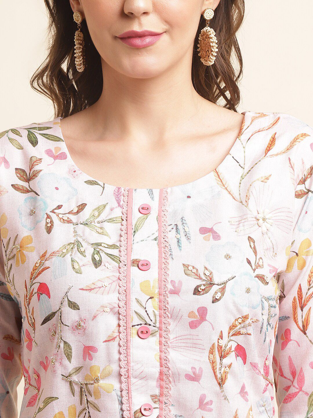 Dhiyona OD Pink Floral Printed Sequinned Linen Kurta With Trousers & Dupatta