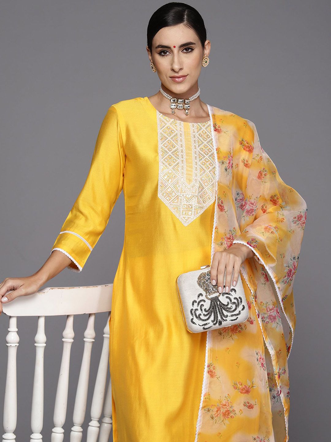 Dhiyona IE Floral Yoke Design Regular Sequinned Liva Kurta with Trousers & Dupatta