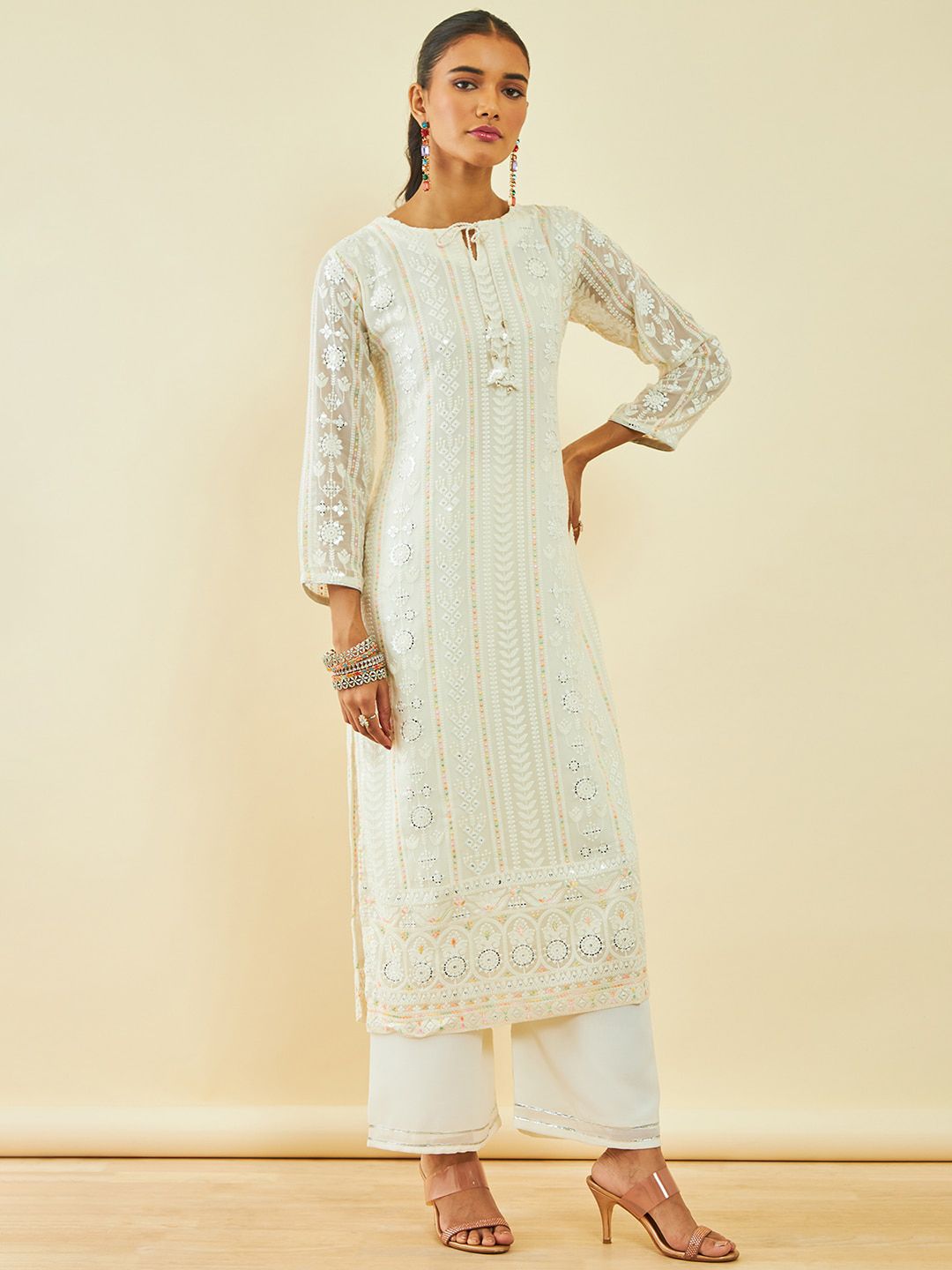 Dhiyona SO Women's Off White Floral Embroidered Georgette Sequinned Kurta with Palazzos & With Dupatta