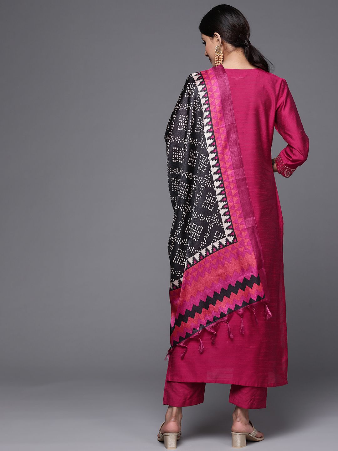 Dhiyona VA Women'sBrocade Yoke with Gota Detail Kurta with Trouser with Bandhani Printed Dupatta