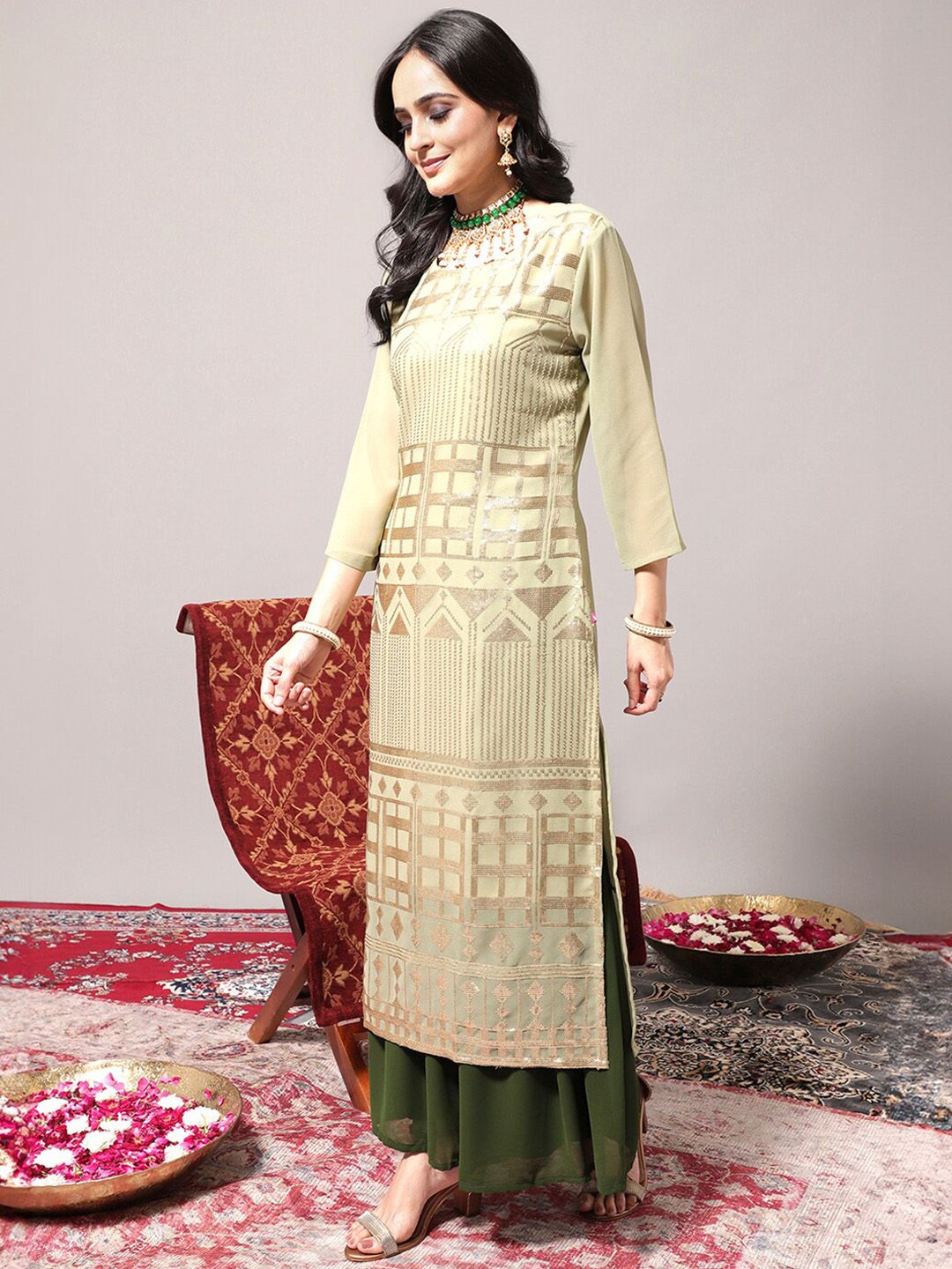 Dhiyona VA Women's Geometric Embroidered Regular Sequinned Kurta With Trousers & Dupatta