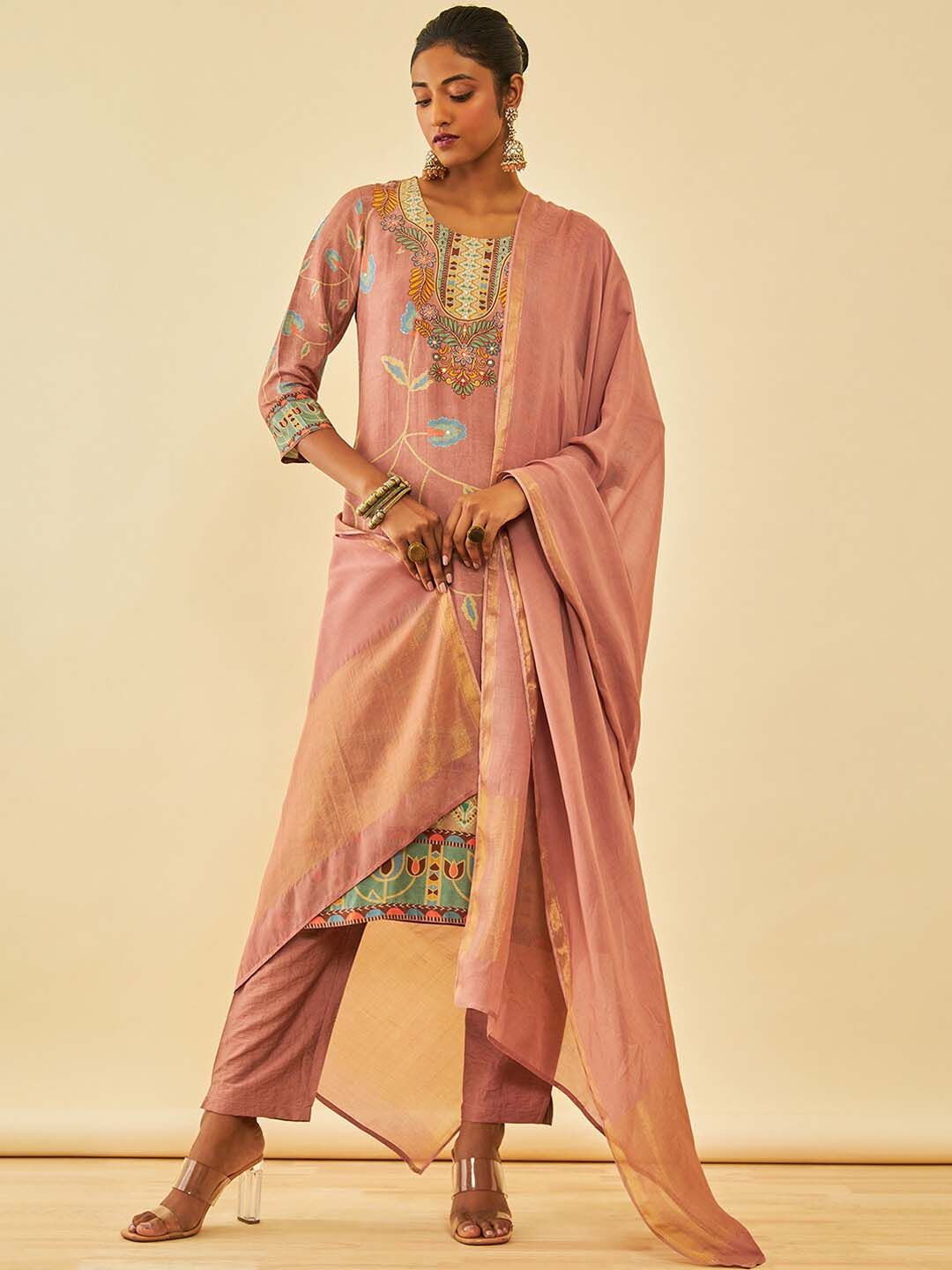 Dhiyona SO Women's Floral Printed Regular Beads and Stones Kurta with Trousers & With Dupatta