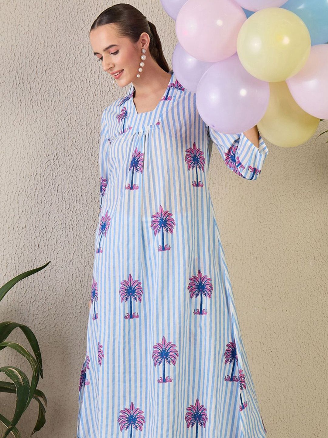 Dhiyona IE Women's Women Striped Printed Pure Cotton A-Line Kurta with Trousers