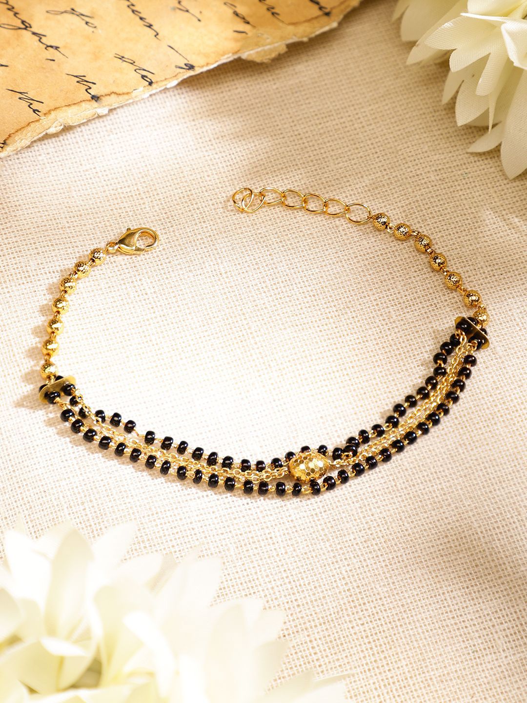 Dhiyona RJ Women's 18K Gold-Plated Black Beaded & Golden Chain Mangalsutra Bracelet