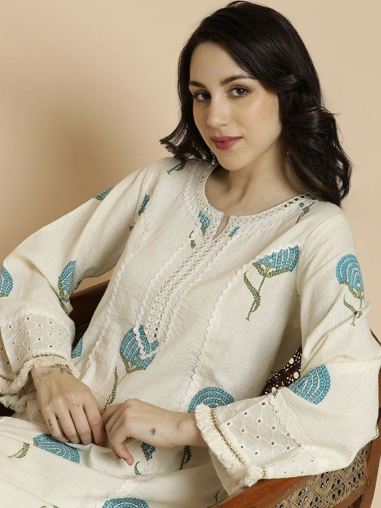 Women's White & Blue Floral Printed Notch Neck Thread Work Cotton A-Line Kurta & Trouser