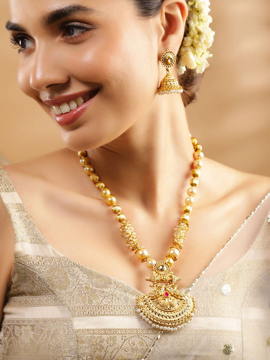 Dhiyona RJ Women's 22K Gold-Plated Pendant Jewellery Set with Golden & Pearl Beads and Ruby Red Stone