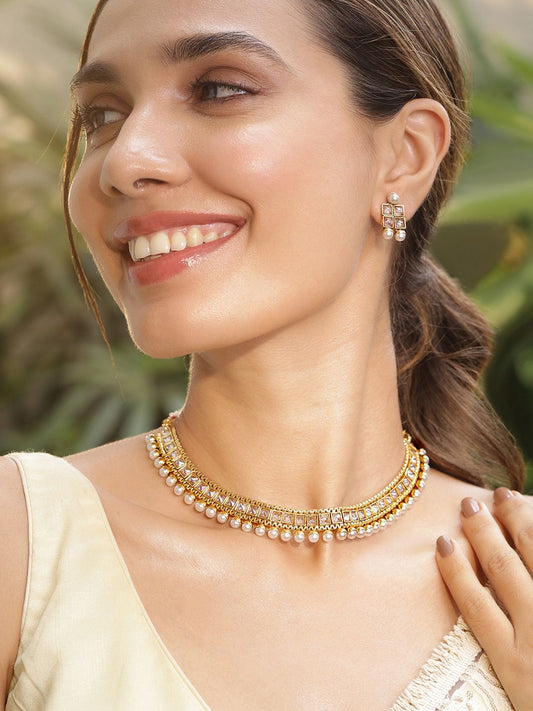 Dhiyona RJ Women's 22K Gold-Plated White Kundan Studded & Pearl Beaded Handcrafted Jewellery Set